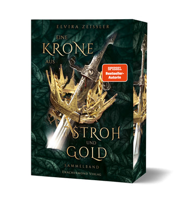 Das Cover zeigt mittig ein silbernes Schwert mit verziertem Griff, dessen Schneide von einer goldenen Krone umgeben ist. Zwischen den Zacken der Krone ist Stroh zu erkennen. Der Titel, in goldfarbenen Buchstaben, beginnt links oben und endet rechts unten. Der Hintergrund besteht  aus dunkelgrünen Blättern. Der Farbschnitt des Buches zeigt ebenfalls Krone und Schwert vor dunkelgrünen Blättern.